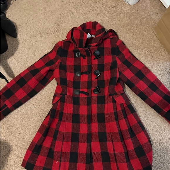 Red and Black Plaid Toggle Coat - Picture 1 of 2